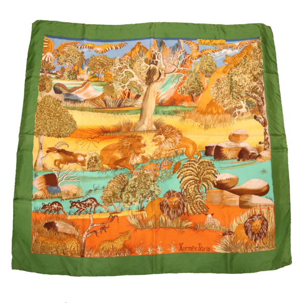 Hermes Seidentuch NUBA MOUNTAIN Safari Löwe Leopard grün